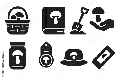 Fungi Interaction Icons. Solid style icons of human-fungi interaction: Foraging Basket, Field Guide Book, Spade in Soil, Examining