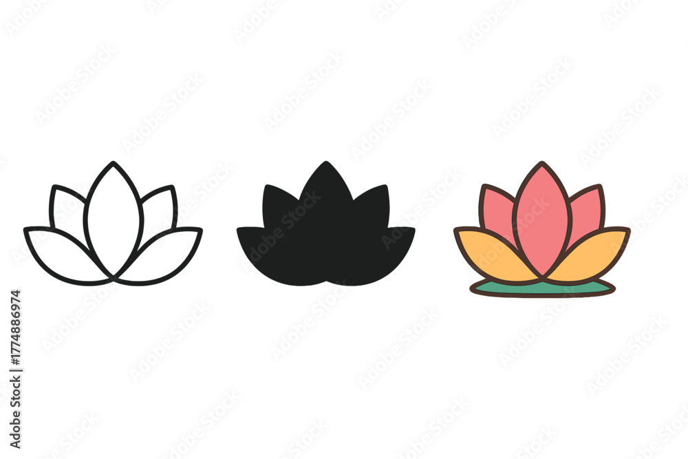 Fototapeta premium Lotus Icon Styles. Minimalist mindfulness icon: three identical lotus flower icons in a row, first in line style with thin outline