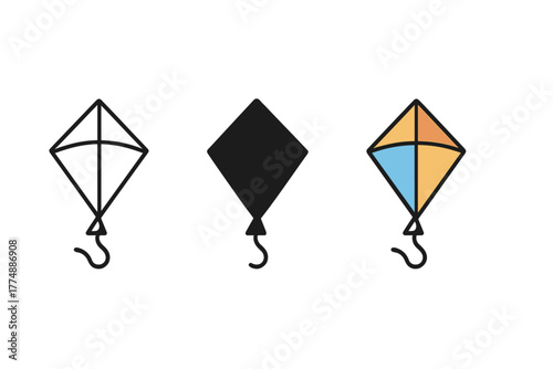 Minimalist Kite Icons. Minimalist kite shape icon: three identical kite icons in a row, first in line style with thin outline,