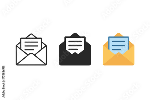 Minimalist Envelope Styles. Minimalist mail open with letter icon: three identical envelopes with a half-visible paper sheet