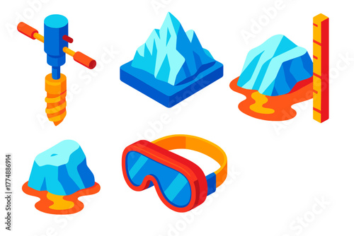 Cryospheric Study Icons. Isometric vector illustration set Cryospheric Study: Core Drill, Iceberg, Melting Glacier, Meltwater,