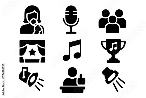 Musical Contest Icons. Solid style icons of Musical Contests: Singer, Microphone, Audience, Stage, Music Note, Trophy, Spotlight,
