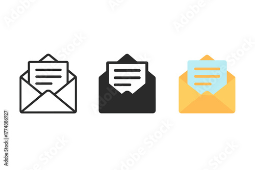 Minimalist Envelope Styles. Minimalist mail open with letter icon: three identical envelopes with a half-visible paper sheet