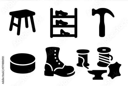 Traditional Cobbler Icons. Solid style icons of Traditional Cobbler: Wooden Stool, Shoe Rack, Repair Hammer, Old Boot, Polish Tin,
