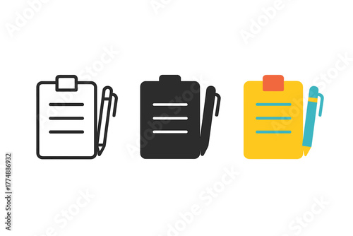 Notepad Icon Trio. Minimalist jury notes icon: three identical notepads with pens in a row, first in line style with thin outline,