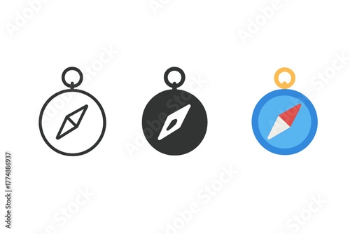 Minimalist Compass Icons. Minimalist compass icon: three identical compass icons in a row, first in line style with thin outline,