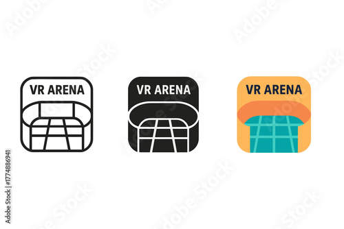 Virtual Arena Icons. Minimalist virtual arena icon: three identical VR arena with grids icons in a row, first in line style with