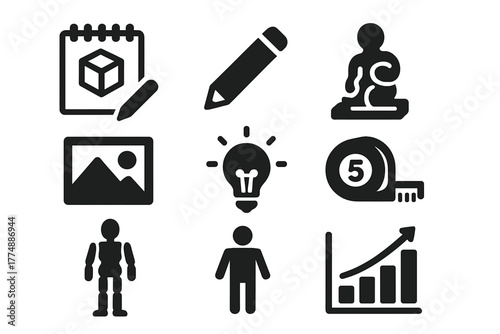 Creative Process Icons. Solid style icons of Creative Process: sketch pad, pencil, clay model, reference photo, idea bulb,