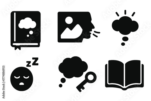 Dream Symbols Icons. Solid style icons of Dream Interpretation: Dream Journal, Symbolic Image, Freudian Slip, Revelation, Sleeping
