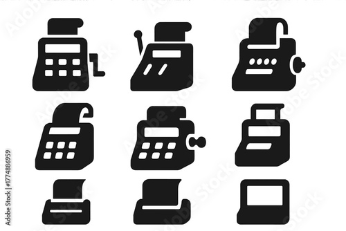 Solid Calculating Devices Icons. Solid style icons of Calculation Devices: Keys, Lever, Printed Tape, Number Roll, Crank, Knob,
