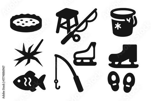 Frozen Lake Icons. Solid style icons of Frozen Lakes: Ice Fishing Hole, Wooden Stool, Fishing Rod, Frosted Bucket, Skating Blade,