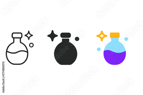 Magical Potion Icons. Minimalist magical effects icon: three identical sparkling potion effects icons in a row, first in line