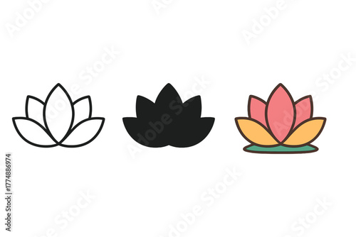 Lotus Icon Styles. Minimalist mindfulness icon: three identical lotus flower icons in a row, first in line style with thin outline