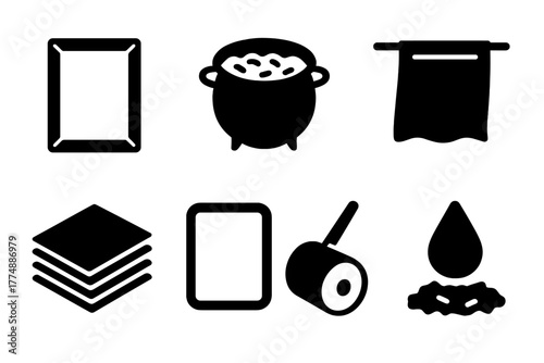 Papermaking Tools Icons. Solid style icons of Papermaking: Wooden Frame, Pulp Vat, Drying Sheet, Water Drip, Paper Stack, Deckle,