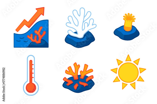 Coral Bleaching Icons. Isometric vector illustration set Coral Bleaching: Warming Waters, White Coral, Stressed Polyps,