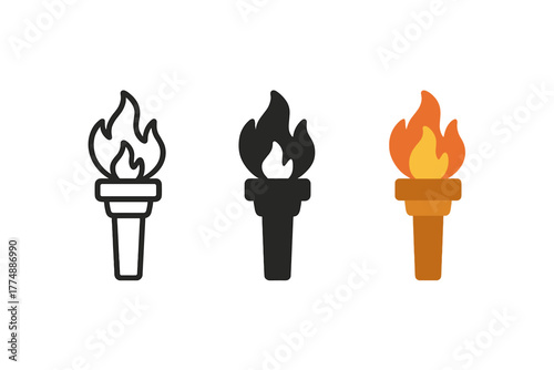 Minimalist Torch Icons. Minimalist cave torch icon: three identical hand torches in a row, first in line style with thin outline,