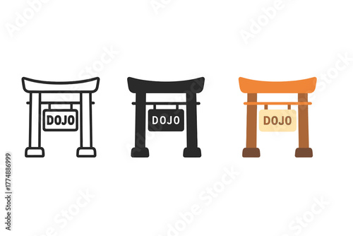 Dojo Sign Variations. Minimalist dojo sign icon: three identical dojo entrance sign icons in a row, first in line style with thin