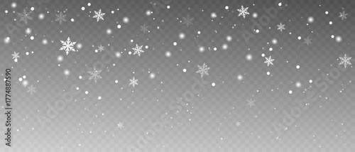 Wide Horizontal Snowflakes Overlay with Soft Gentle Falling Snow and Light Particles on Transparent Background for Winter, Christmas, New Year and Festive Design Projects
