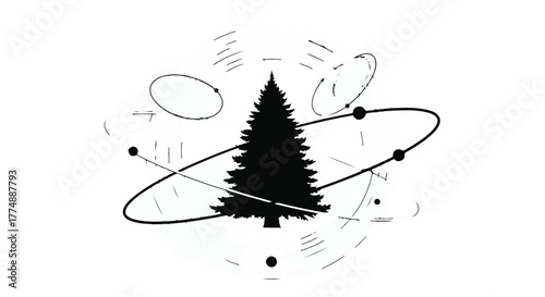 Evergreen tree silhouette with abstract orbital elements suggesting growth and interconnectedness