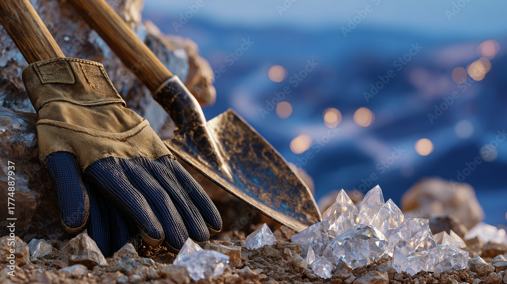 Obraz premium Cinematic close-up of mining gloves and shovel resting beside luminous rare earth ores, rocks and soil textures detailed, background softly fading to emphasize discovery