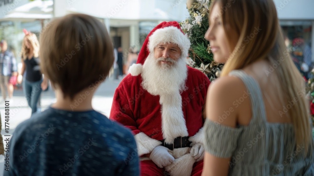 Fototapeta premium Santa Claus interacts with a child and a woman against the backdrop of a Christmas tree. A warm, festive scene in a public place.