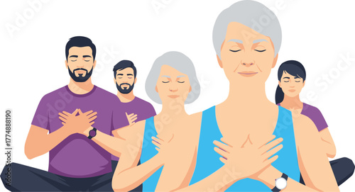 Diverse group in serene meditation. Hands on heart, eyes closed, they embody peace and unity, radiating wellness and mindfulness. Moments of calm and connection.