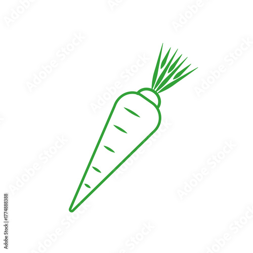 Minimalist green carrot icon with leafy top, linear outline, clean modern garden style, perfect for food, health, and eco design
