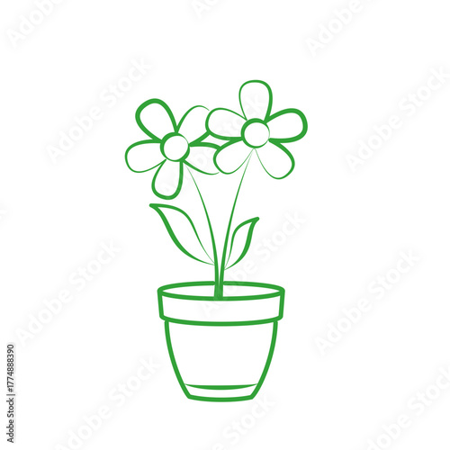Minimalist green flower pot icon with double daisy flowers, outlined style, fresh home garden mood, ideal for eco web, branding