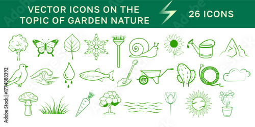 Collection of 26 minimalist green garden nature icons: plants, animals, flowers, tools, eco elements; perfect for digital branding, eco projects