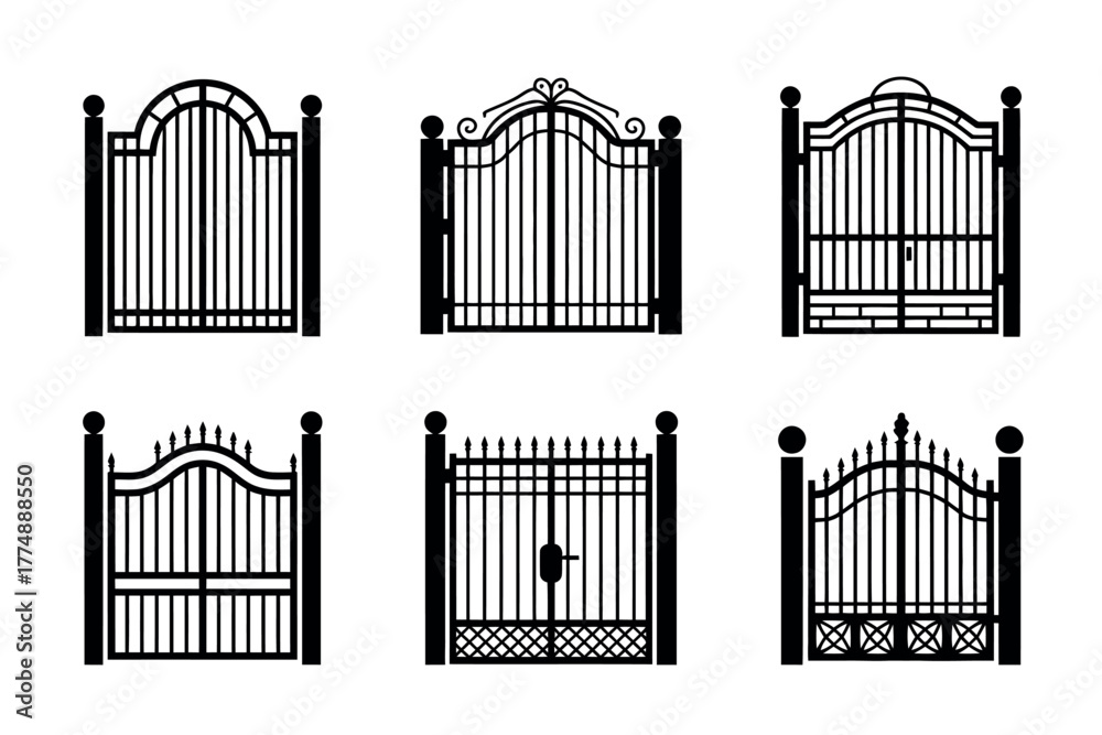 Obraz premium A collection of six ornate wrought iron gates, each with a unique design and decorative elements.
