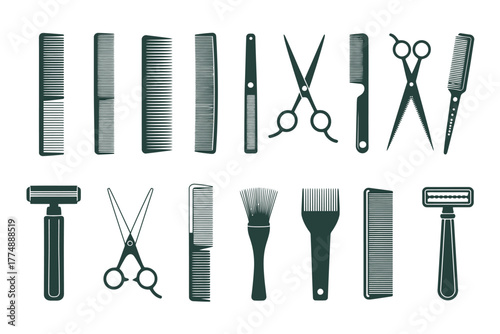 A collection of hairdressing tools and personal grooming items is neatly arranged on a white background.