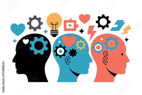 Three abstract human heads showing gears and symbols of thought and emotion