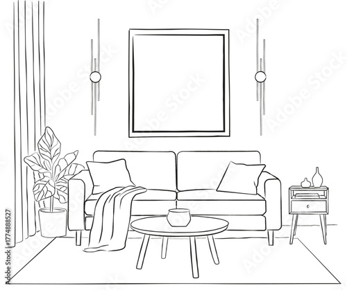 Living room graphic black white home interior sketch illustration vector