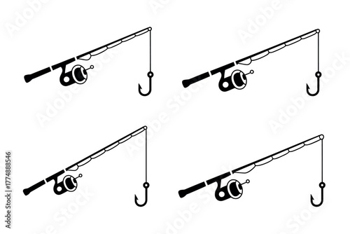 Four fishing rods with hooks are laid out in a grid pattern, ready for use.