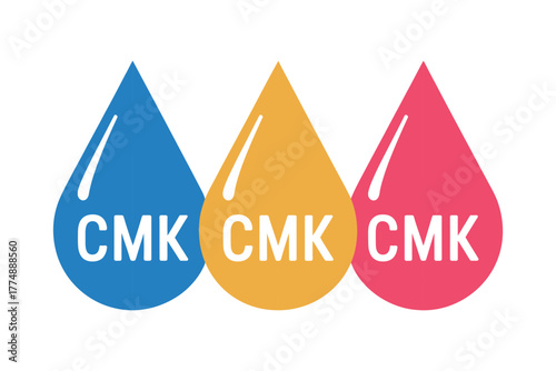 Three colored droplets represent CMYK printing colors for graphic design.