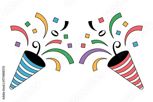 Two party poppers explode with confetti and streamers in celebration of an event.