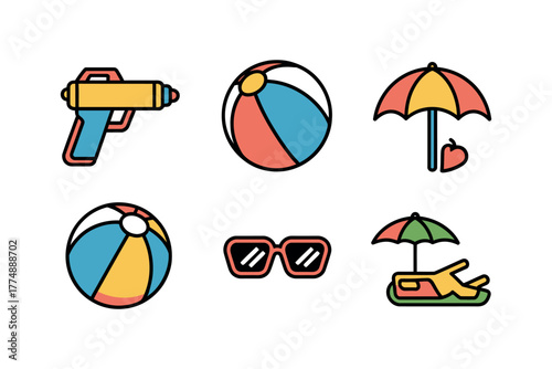 A collection of summer vacation icons including a water gun, beach balls, sunglasses, and umbrellas with a chaise lounge.