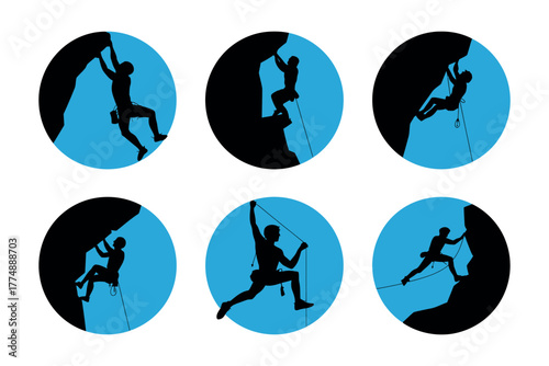 Silhouettes of rock climbers scaling challenging cliffs against a vibrant blue sky.