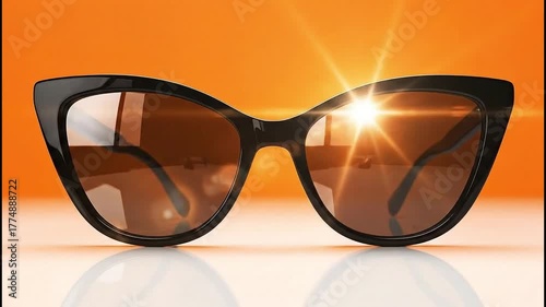 Close up of black framed sunglasses with brown lenses on a white surface and orange background