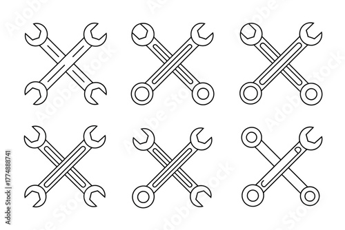 A set of six crossed wrenches, representing tools and repair.