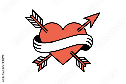 A stylized heart is pierced by two arrows, with a ribbon wrapped around it.
