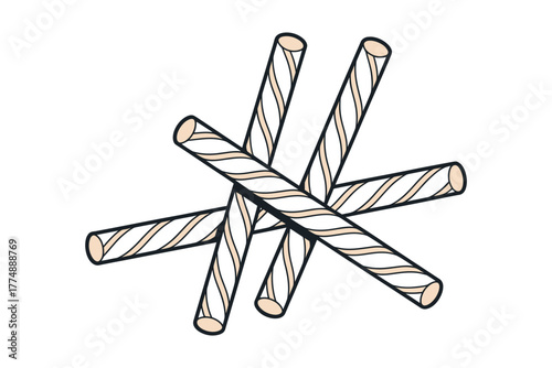 A starburst pattern is formed by several striped cylindrical objects.