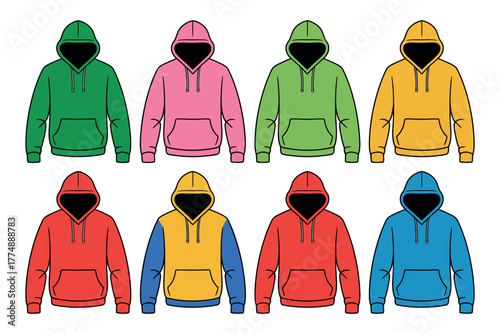 A collection of colorful hoodies are neatly arranged in two rows against a white background.