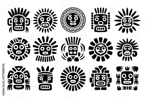 Collection of stylized sun god face icons in ancient indigenous art style.