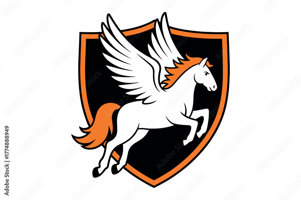 Obraz premium Mythical winged horse in flight, a symbol of freedom and power within a shield emblem.
