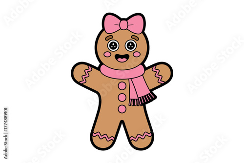 Adorable gingerbread woman with pink bow and scarf, ready for holiday cheer