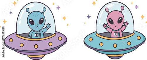 Cute aliens in colorful spaceships waving happily, adorable extraterrestrial cartoon characters, space travel illustration, intergalactic fantasy art design