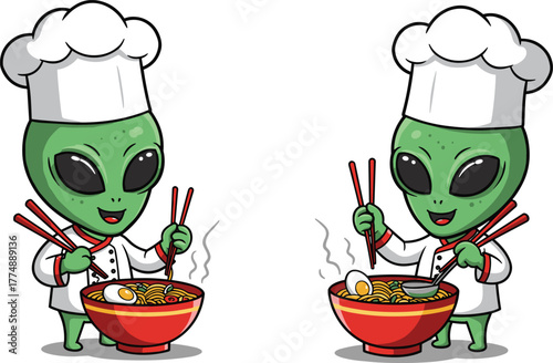 Cute alien chefs cooking delicious ramen noodles with chopsticks, funny extraterrestrial cooking concept, cartoon character illustration