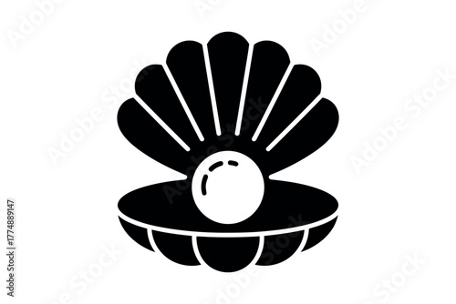 Elegant black and white illustration of a lustrous pearl nestled inside an open seashell.