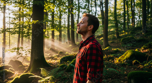 Man in plaid shirt standing in forest with sunlight through trees looking calm